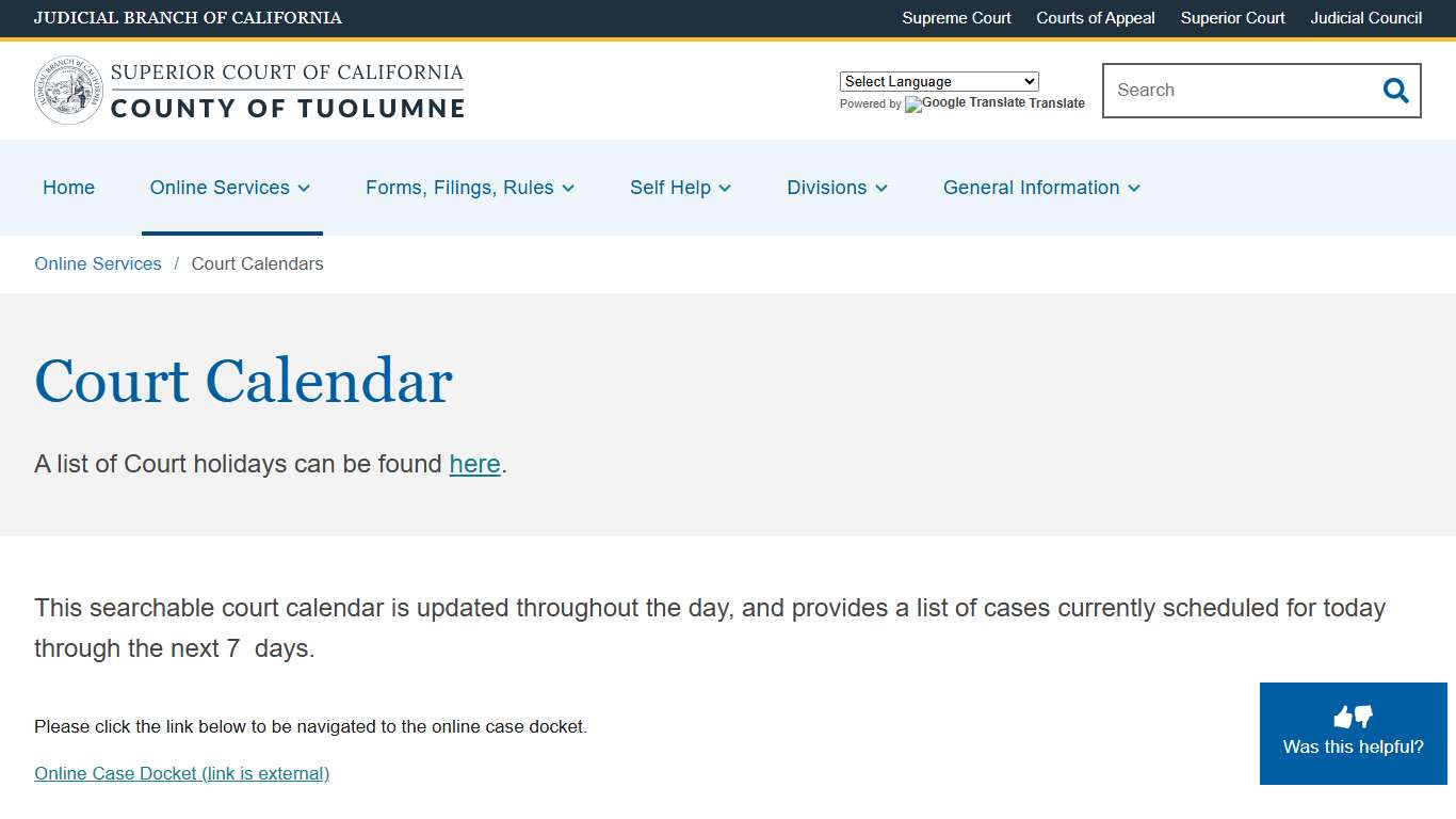Court Calendars Superior Court of California County of Tuolumne