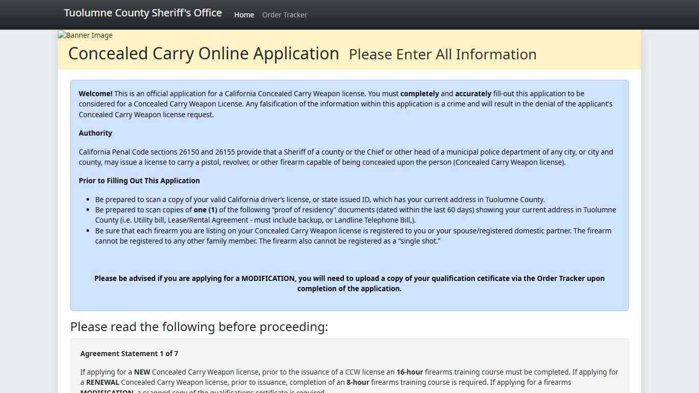 Tuolumne County Sheriff's Office Online Concealed Weapon Permit Application